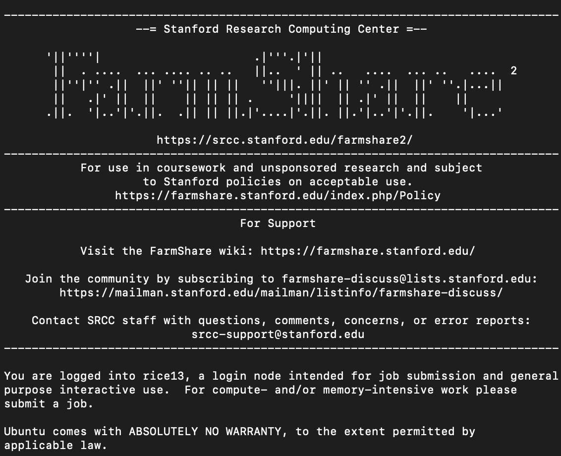 Login screen on the Farmshare cluster