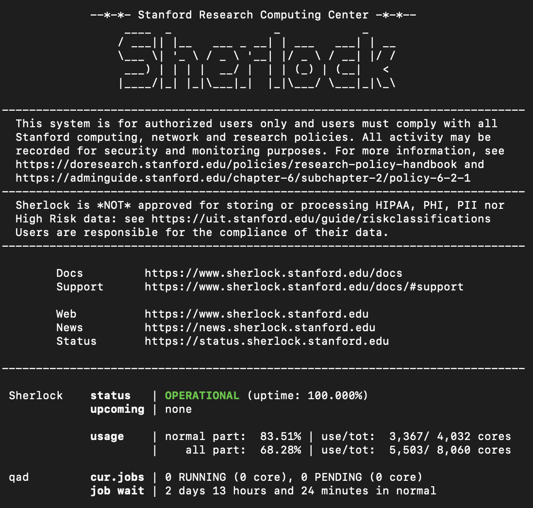 Login screen on the Sherlock cluster